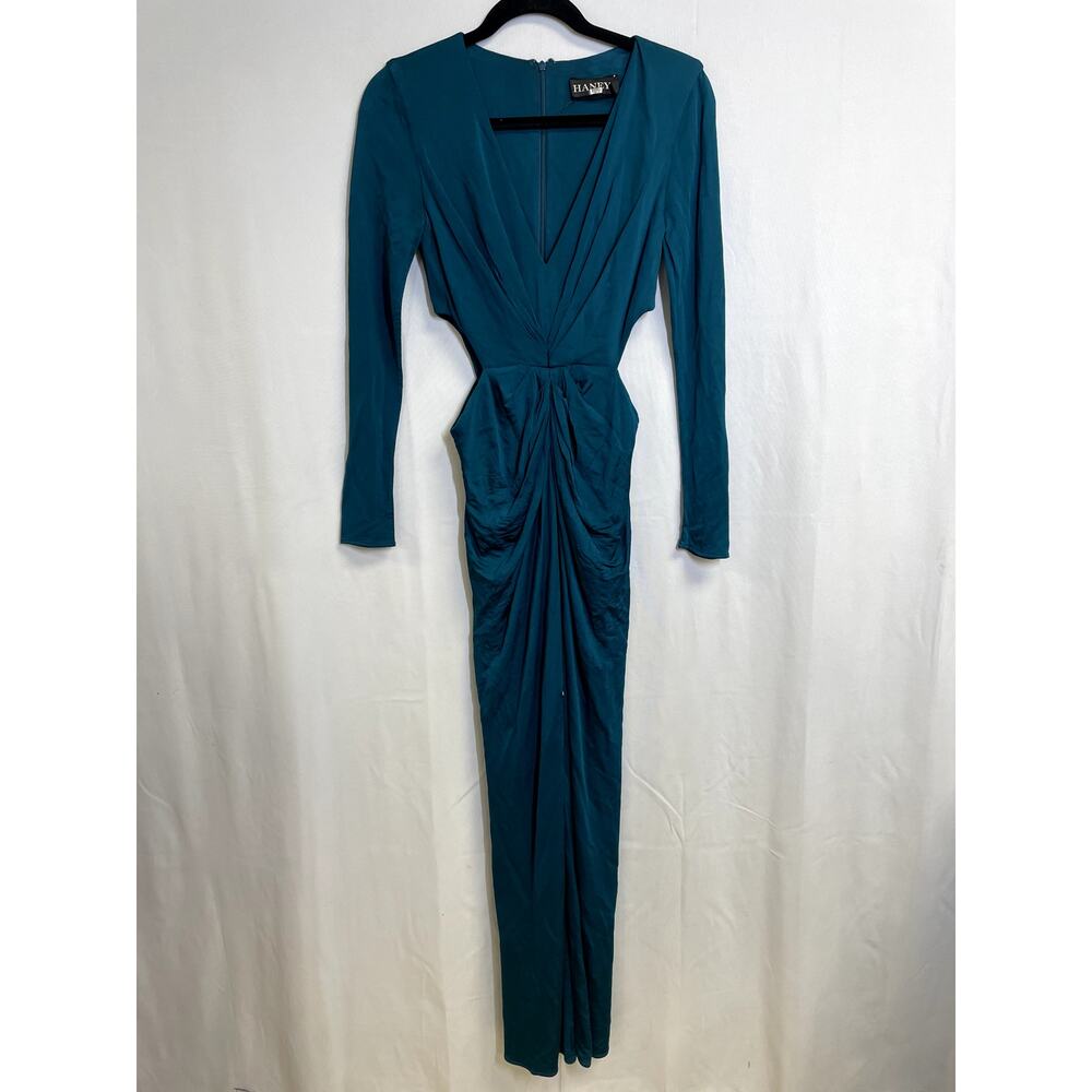 HANEY Teal Blue Cut Out Twist Front Sara Gown Dress Long Sleeve Size 8 $850